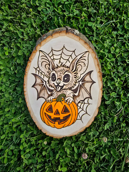 Hand Burned Cute Bat with Pumpkin